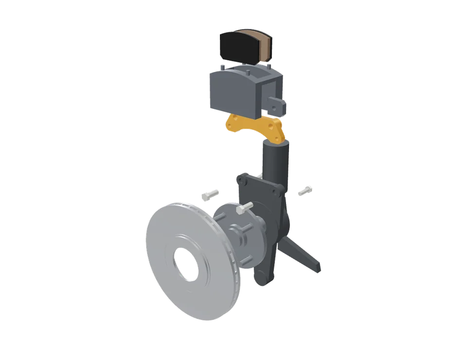 Rendu 3D de l'assemblage : disque ventilé, support d'adaptation ambre, étrier 4 pistons et plaquettes sur la fusée avant d'une Celica Supra A60
